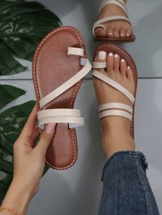 New Comfortable Simple Round Toe Open Toe Leather Flat Slippers Sandals Casual Fashion Outdoor Beach Shoes For Plus Size Women, Summer Beige Fashionable    Plain    Women Shoes, size features are:Bust: ,Length: ,Sleeve Length: Leather Sandals Women Flats, Pretty Sandals Flat, Women’s Sandals, Thong Sandals Outfit, Cute Sandals For Summer, Summer Sandles, Cute Summer Sandals, Classy Sandals, Flat Slippers Sandals