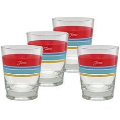 four glasses with red, blue and yellow stripes on them are set next to each other