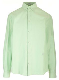 Lightweight Oxford cotton shirt from Loewe, featuring a classic collar, buttoned cuffs, a button fastening to the front, a curved hem and Anagram embroidery to the front. Designer Long Sleeve Cotton Dress Shirt, Cotton Dress Shirt With Concealed Placket For Daywear, Modern Cotton Dress Shirt For Daywear, Designer Button-up Shirt With Placket, Designer Spring Shirt With Button Cuffs, Designer Cotton Shirt With Fold Down Collar, Designer Long Sleeve Cotton Shirt, Spring Cotton Shirt With Concealed Placket, Designer Shirt With Placket For Spring