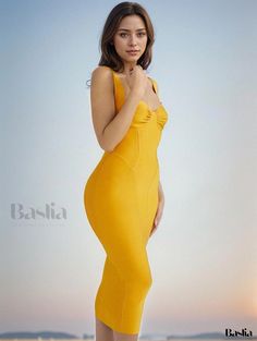 Baslia - Chic Sleeveless Bandage Dress in Golden Yellow with Spaghetti Straps for a Sexy and Sophisticated Look Wrap Waist Dress, Bodice Dress, Cotton Midi Dress, Long Sleeve Maxi, U Neck, Tube Dress, Waist Dress, Dress Sleeveless, Bandage Dress