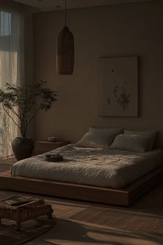 a bed sitting in a bedroom next to a window with curtains on the windowsill