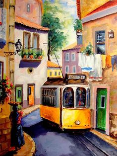 a painting of a yellow trolley going down the street