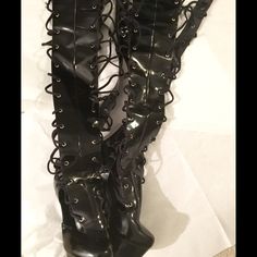 Hey Dolls Enjoy These Previously Loved Sexy Lace Platform Boots. Fits Size 8 Comfortably 6" Heel With Platform Any Questions Please Ask Before Purchase No Paypal || No Trades || Posh Rules Only Shipping: Bundle And Save On Shipping Items Are Shipped Within 24-48 Hours Of Payment (Mon-Sat) Please Check Out My Other Listings For The Best In Brand New And Gently Used Clothing, Shoes And Accessories. Happy Poshing Fitted Synthetic Punk Platform Boots, Punk Lace-up Heels For Party, Punk Lace-up Party Heels, Punk Style Lace-up Party Heels, High Cut Black Boots For Party, Punk Thigh-high Platform Boots For Party, Black High Cut Boots For Party, Gothic Black Platform Boots For Party, High Cut Black Party Boots