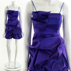 "- 2000s - deep purple formal dress - sleeveless - ruffly tired texture - zipper back closure - lined - stretchy - ribbed Brand/Designer/Label: City Studio Tag Size: S Fits like: XS - S Material: Polyester, nylon, spandex Condition: Excellent Clipped on Mannequin: No ✂ S I Z E + F I T ✂ Length: 32\" / 81 cm Shoulders, seam to seam: 12\" / 30 cm Bust: 30\" / 76 cm Waist: 28\" / 71 cm Hips: 34\" / 86 cm All measurements are taken with garment lying flat. ALWAYS refer to measurements as vintage siz Purple Formal Dress, Origami Dress, Dress Form Mannequin, Designer Label, 90s Dress, Cocktail Party Dress, Studio City, Dress Form, Brand Designer