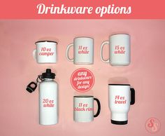 there are coffee cups and mugs on this pink background with the words drinkware options