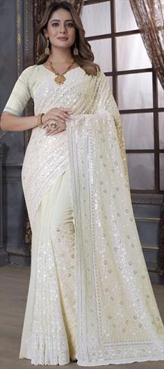 White and Off White color Saree in Georgette fabric with Embroidered, Resham, Sequence, Thread work White Color Saree, Saree For Engagement, Engagement Mehendi, Reception Saree, Wedding Sarees Online, Party Wear Gown, Latest Indian Saree, Beautiful Sarees, Lehenga Style