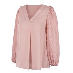 Pink V Neck Chiffon Long Sleeve Blouse Feminine Chiffon Tops For Fall, Sheer V-neck Blouse For Work, Fall Sheer V-neck Blouse, Summer V-neck Blouse With Sheer Sleeves, Chiffon Blouse With Sheer Sleeves For Spring, Sheer Sleeves V-neck Blouse For Summer, Fall Sheer Sleeves V-neck Tops, Chiffon Tops For Work In Fall, Chiffon Tops For Fall Workwear