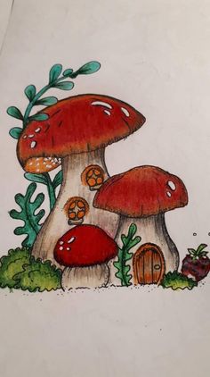 a drawing of two mushrooms in the grass