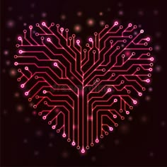 an electronic circuit board in the shape of a heart on a dark background with pink lights