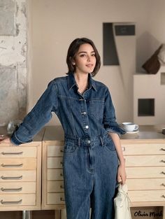 Olivia Mark - High-Waisted Denim Jumpsuit Straight-Leg Pants Denim Jumpsuit, High Waisted Denim, Olivia Mark, Straight Leg Pants, High Waisted Pants, Dressmaking, Leg Pants, Types Of Sleeves, Length Sleeve