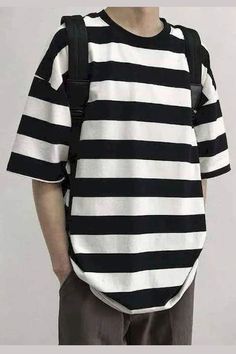 Casual Striped Color Loose Oversize Shirt – Tomscloth Baggy Striped Shirt, Big Striped Shirt Outfit, Oversized Striped Tops For Streetwear, Casual Striped Shirt With Graphic Print, Striped Cotton Shirt For Streetwear, Oversized Striped Cotton T-shirt, Casual Oversized Striped Shirt, Casual Cotton Drop Shoulder Shirt, Casual Striped Tops For Streetwear