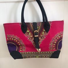 Stunning! Magenta, Lime, Purple Multicolored African Handbag With Gold Detail. Matching Hand Purse Included. Never Used. Casual Purple Shoulder Bag Satchel, Casual Purple Shoulder Satchel, Pink Fabric Shoulder Bag For Daily Use, Casual Purple Satchel With Adjustable Strap, Casual Purple Satchel With Double Handle, Casual Purple Satchel For Shopping, Pink Fabric Bags For Daily Use, Pink Fabric Bag For Daily Use, Everyday Pink Fabric Bags