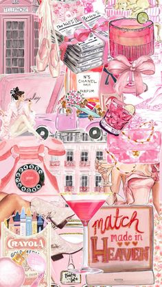 a collage of various items including a pink dress, hat, and other things