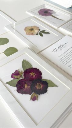 several cards with pressed flowers on them