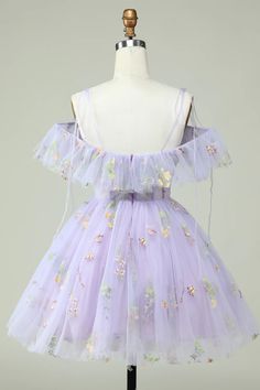 Lavender Off the Shoulder Corset Homecoming Dress with Ruffles Lavender Prom Dress Short, Corset Homecoming Dress, Shoulder Embroidery, Sweep Train Prom Dress, Prom Dresses With Pockets, Lavender Dresses, Lace Prom Dress, Lavender Floral, Dress With Ruffles