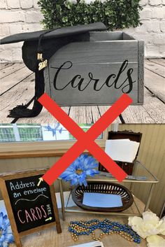 a table topped with cards and flowers next to a sign that says cards on it