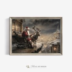 a painting of santa riding in a sleigh pulled by reindeers