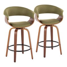 pair of mid century modern swivel bar stools in green upholstered fabric