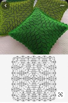 three green pillows with crochet designs on them and the same one is made out of