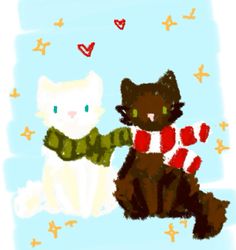 two cats sitting next to each other on a blue surface with stars and hearts in the background