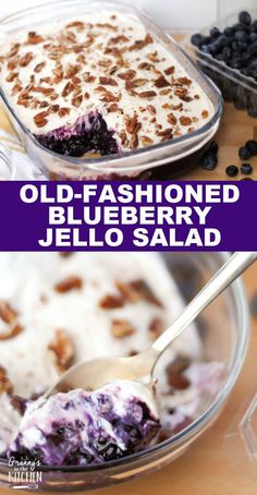 an old - fashioned blueberry jello salad in a glass dish with a spoon