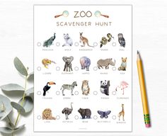 the zoo scavenger hunt printable is next to a pencil and some leaves