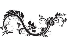 black and white floral designs with swirls on the sides, including leaves and flowers