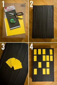 four pictures showing how to make a diy construction paper board with scissors and tape