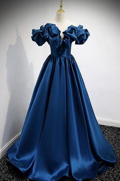 Blue Satin Ball Gown, Prom Dress Blue, Blue Evening Dress, Zodiac Sign Fashion, Damaged Clothes, Voluminous Skirt, A Line Prom Dress, Satin Ball Gown, Dress Design Drawing