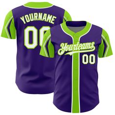 Custom Purple White-Neon Green 3 Colors Arm Shapes Authentic Baseball Jersey Varsity Baseball Jersey For Team Events With Sublimation Print, Varsity Baseball Jersey With Sublimation Print For Team Events, Collegiate Baseball Jersey For Customization, Custom College Jersey For Baseball Season, Customizable Collegiate Jersey For Streetwear, Sports Fan Baseball Jersey In Team Colors, Customizable Collegiate Baseball Jersey In Team Colors, Customizable Collegiate Baseball Jersey For College, Varsity Baseball Jersey With Sublimation Print For Sports Events