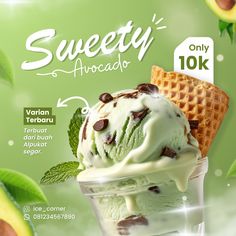 an advertisement for sweety avocado ice cream with chocolate chips and mint leaves