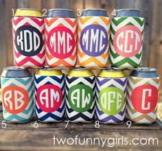 six can coolers with different designs and the names of each one on them, all in