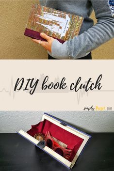 a woman holding a book with scissors in it and the title diy book clutch