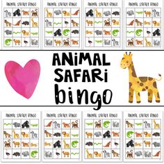 an animal safari bingo game with different animals and their names on the board, including a pink heart