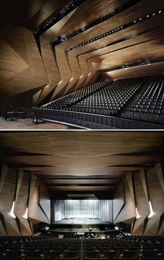 an empty auditorium with rows of seats in it and the ceiling is made out of wood