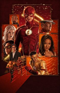 the flash poster is shown with many different characters in front of it, including two men and