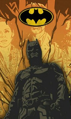 the batman movie poster is shown in black and yellow colors, with an orange background