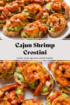 shrimp crostini with guacamole and avocado on toasted bread