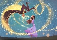 a man and woman flying through the air on top of a crescent with stars in the sky