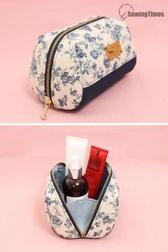 two images show the inside and outside of a toiletry bag that has various items in it