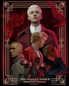 the poster for fantastic beasts, featuring two men in red coats and one man with white hair