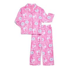 a pink pajamas set with blue and white flowers on the front, and an elephant design on