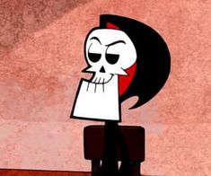 a cartoon character sitting on top of a wooden table next to a red and white wall