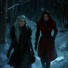 two women in winter clothes walking through the snow covered woods, one with long white hair