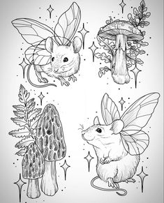 some drawings of mice and mushrooms