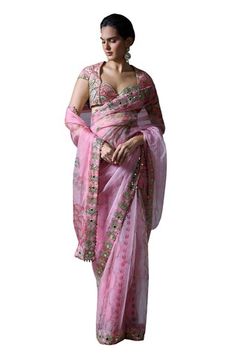 Blush pink pre-draped saree with floral print and mirror embroidered border detail. Paired with matching embroidered blouse. - Aza Fashions Pink Draped Sets With Zari Work, Draped Pink Choli With Zari Work, Pink Draped Choli With Zari Work, Pink Draped Blouse Piece For Wedding, Designer Wear Pink Draped Dupatta, Pink Draped Saree For Reception, Fitted Pink Pre-draped Saree For Festive Occasions, Pink Draped Designer Wear Dupatta, Pink Draped Blouse For Wedding