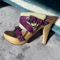 Purchased New Put Them Away In My Closet And I Never Wore Them. Fun Purple Color, Still In The Original Box. Wood Heel. #Vintage #90's Purple Open Heel Heels With Buckle Closure, Purple Heels With Buckle Closure, Purple High Heels With Buckle Closure, Heeled Clogs, Black Platform Wedges, High Heel Clogs, Gold High Heels, Black Platform Heels, Platform Wedge Heels