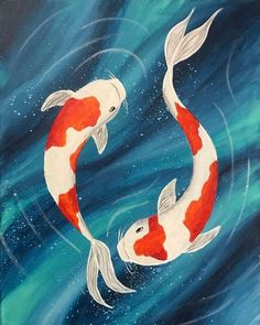 two red and white koi fish swimming in blue water