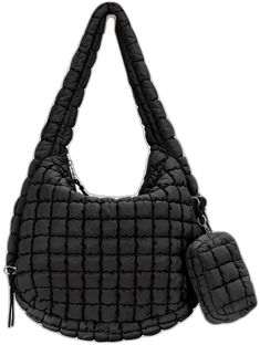 Trendy Quilted Nylon Shoulder Bag, Large Capacity Nylon Crossbody Hobo Bag, Trendy Quilted Nylon Bag, Black Quilted Nylon Shoulder Bag, Quilted Black Nylon Shoulder Bag, Nylon Hobo Shoulder Bag With Zipper Pocket, Quilted Nylon Crossbody Bag, Nylon Crossbody Hobo Bag With Zipper Closure, Nylon Rectangular Hobo Bag With Removable Pouch