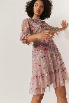 All Over Embroidered Mini Dress Embroidered Dress Formal, Vietnam Outfits, Pink Wedding Guest Dresses, Embroidered Summer Dress, Mob Dress, Jumpsuit For Wedding Guest, Pinterest Uk, Hot Pink Weddings, Quick Fashion